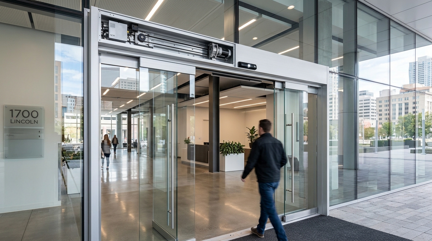 An automatic sliding door operator system above glass double doors at a modern Denver office building entrance