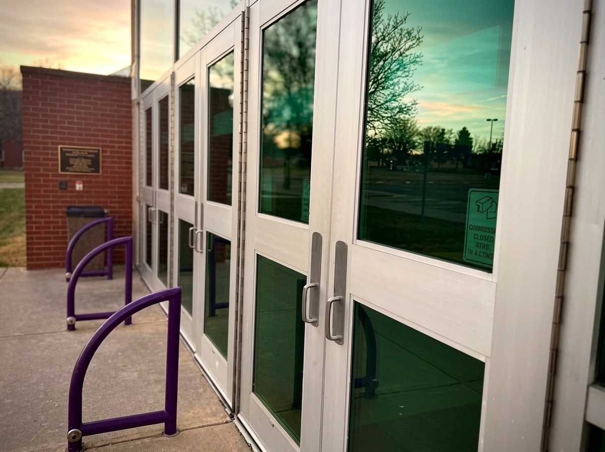 ADA-compliant commercial entrance doors at a Colorado school