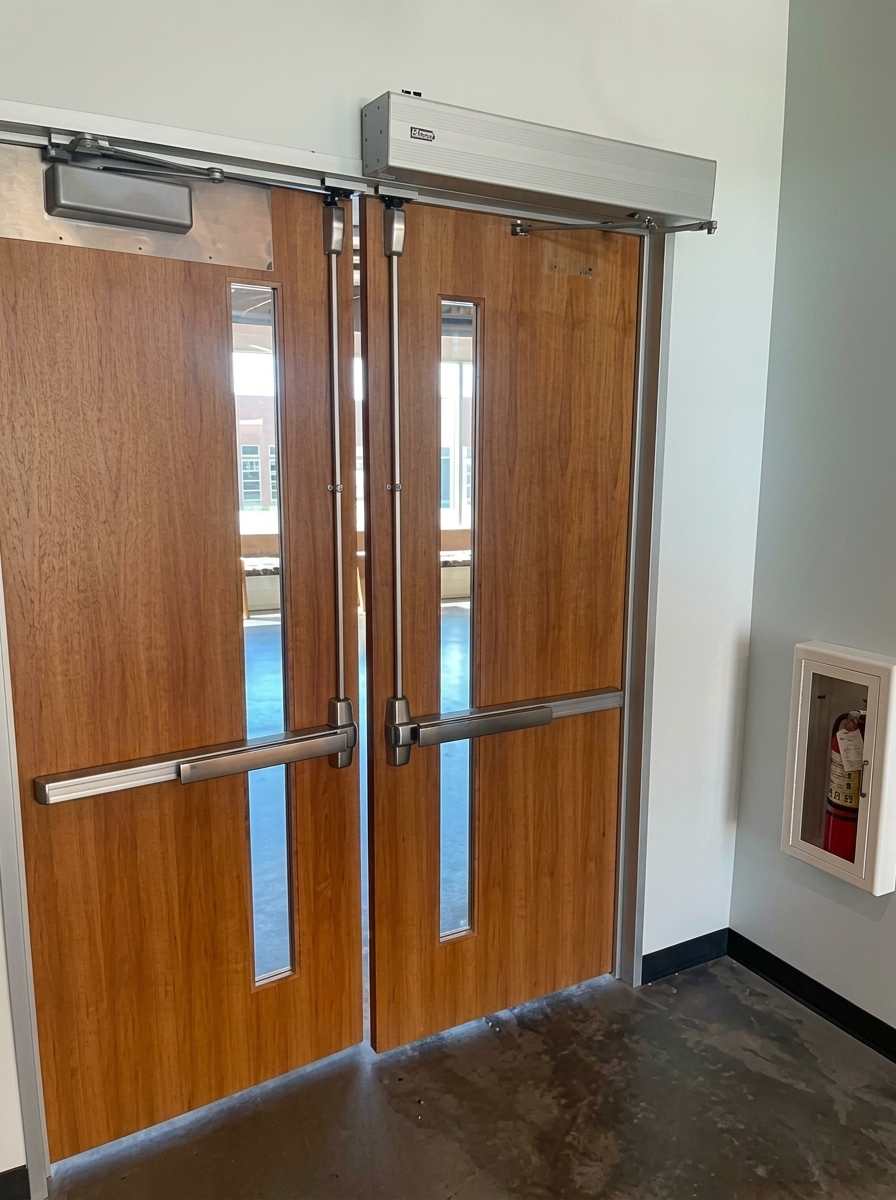 Fire-rated wood doors with panic hardware and automatic closer